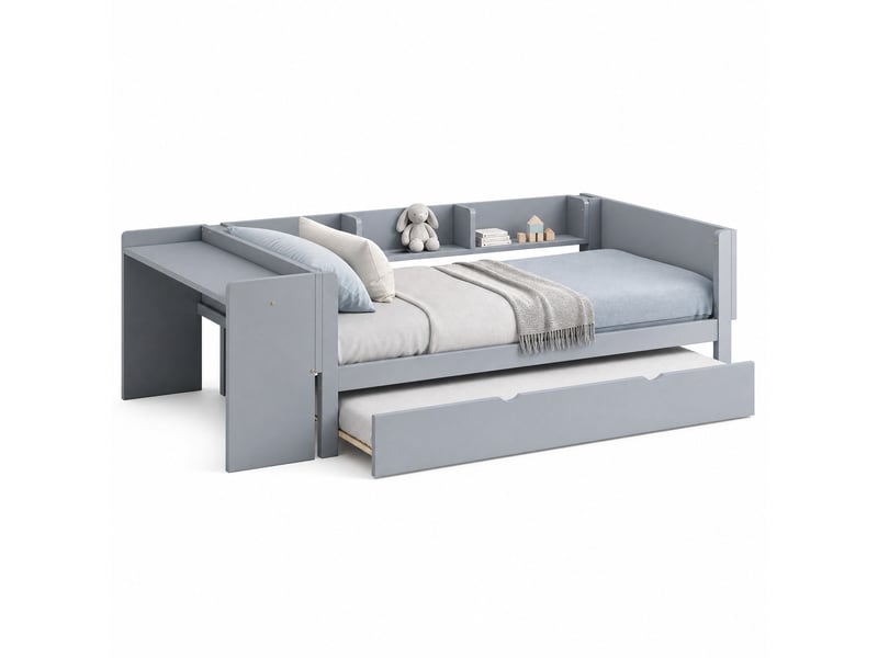 Lit enfant gigogne 90x200 cm avec bureau et 3 étagères en pin et mdf gris - Conforama A