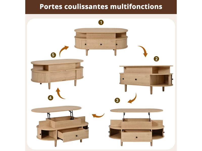  Table basse plateau relevable ovale salon 105 x 50 cm, mdf naturel, coffre et tiroir  - Conforama R