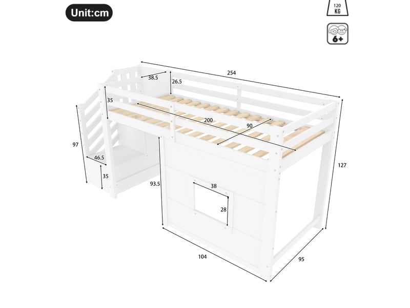  Lit mezzanine 90x200 cm avec escalier de rangement et fenêtre, blanc  - Conforama E