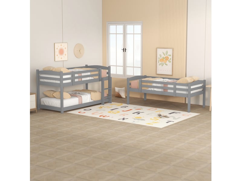 Lit superposé triple enfant 90x200 cm en pin et mdf gris - Conforama D