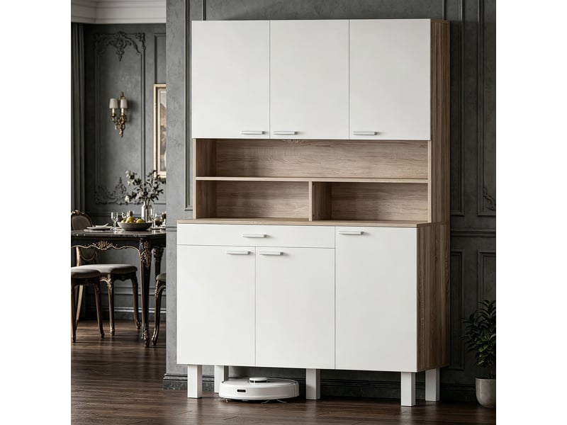 Buffet haut de cuisine 6 portes avec tiroir et étagères ouvertes - lpospi - bois blanc et naturel 120 × 40 × 175 cm - Conforama C