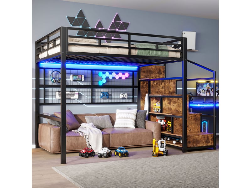  Lit mezzanine 140x200 cm, avec éclairage led 7 couleurs, espace libre sous le lit, armoire-échelle, métal noir sans matelas  - Conforama E