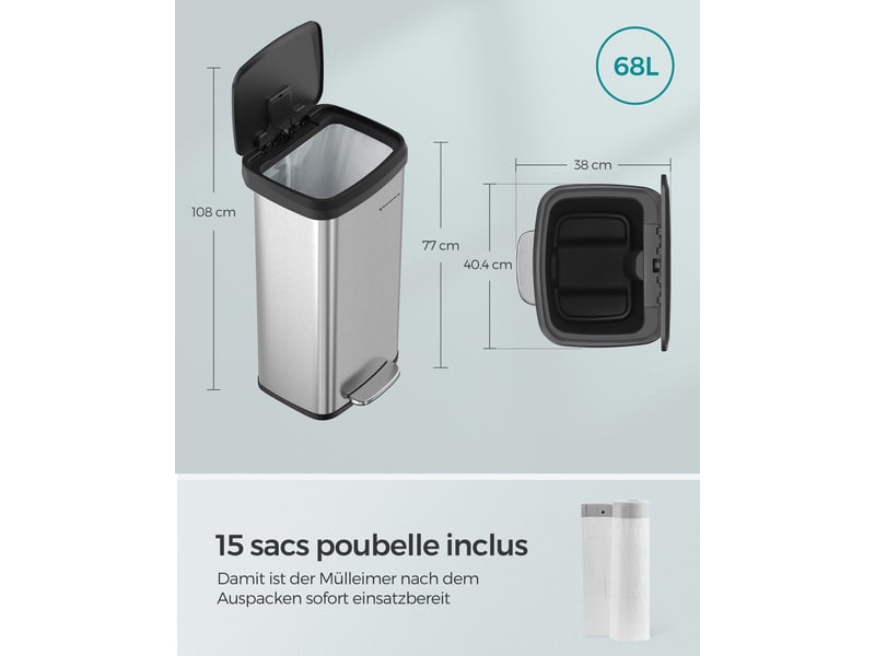  Poubelle de cuisine à pédale haute étroite 40,4 x 35,1 x 77,6 cm design moderne capacité 68 l en acier argenté 12_0012009  - Conforama B