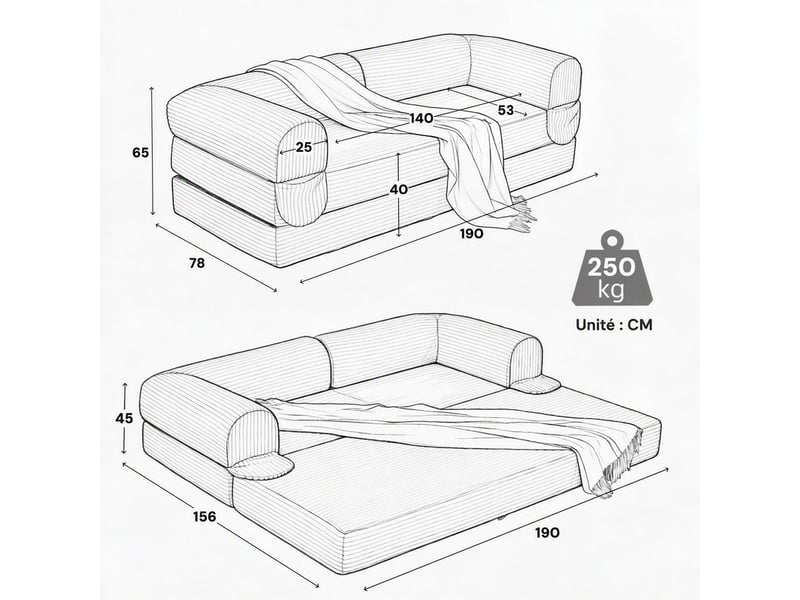 Canapé convertible 2 places en lit double - accoudoirs rembourrés, tissu côtelé - marron - Conforama E