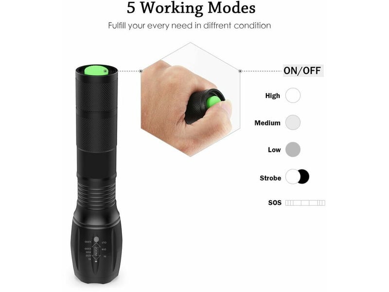  Lampe torche d puissante xml-t6 lampe torche militaire utilisab pour vélo ou randonnées et 5 modes dont flash anti-agression, zooms et  - Conforama C
