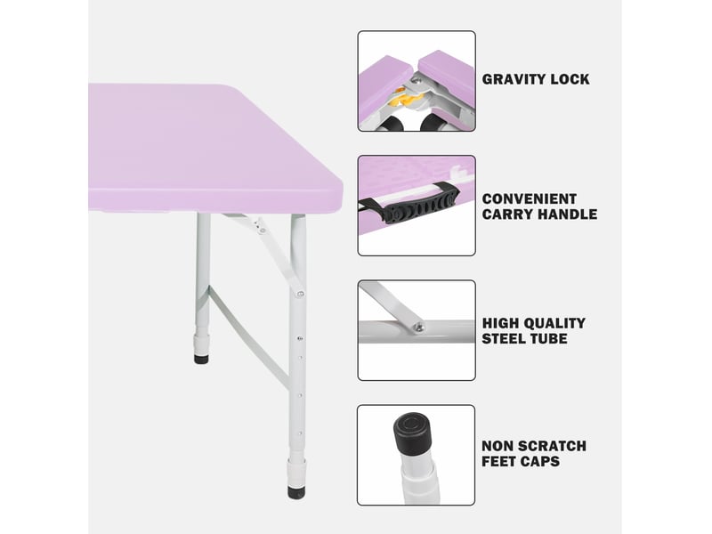 Table de jardin pliante 125 x 61 cm violette, plastique et acier, hauteur réglable 58 à 74 cm, avec poignée intégrée - Conforama D