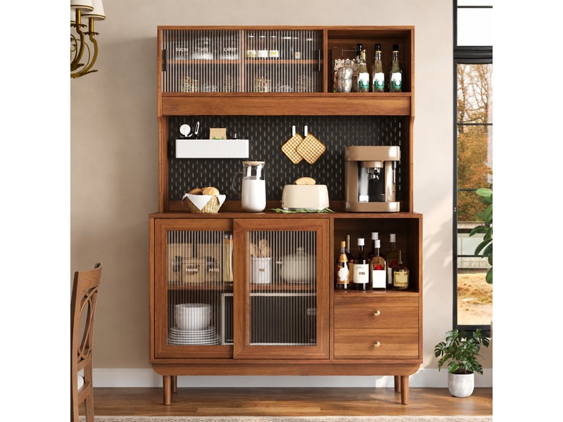 Buffet de cuisine avec portes coulissantes en verre strié, 117 x 30 x 170 cm - Conforama B