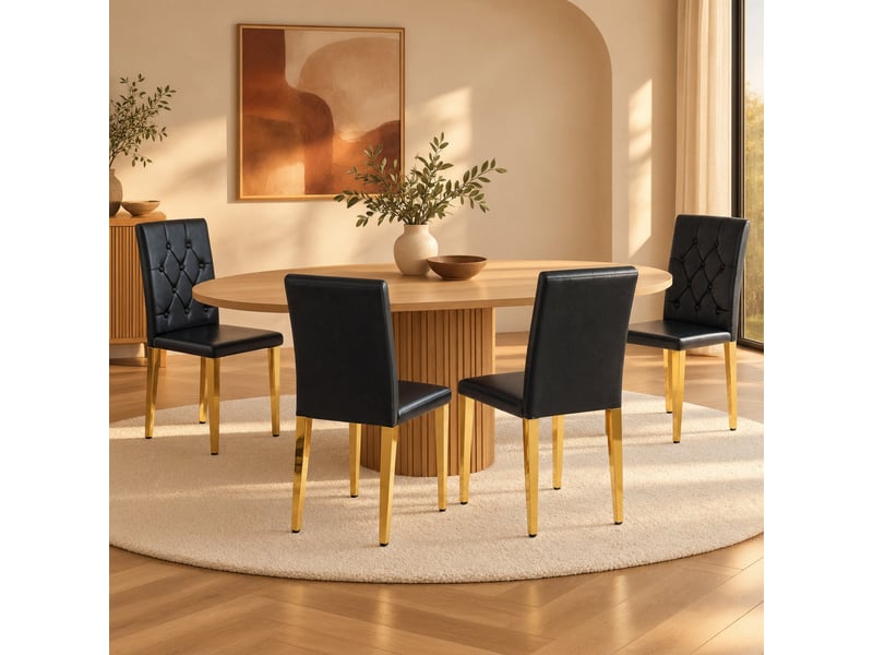  Lot de 4 chaises de salle à manger à dossier matelassé, métal doré et similicuir noir  - Conforama D