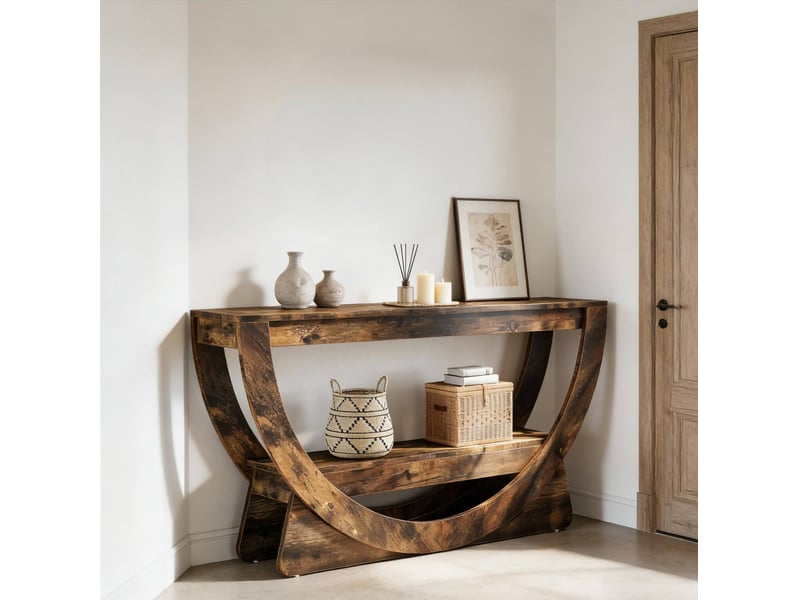  Meuble tv avec 2 étagères ouvertes et passe-câbles style maison de campagne pour salon en mdf brun rustique  - Conforama C