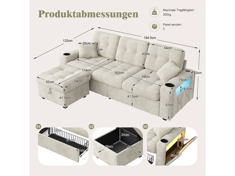  Canapé d'angle multifonction 3 places 194x133x83 cm en chenille - usb-c porte-gobelets led 2 tiroirs roulants pouf coffre - beige BUYDEEMEUS - Conforama C