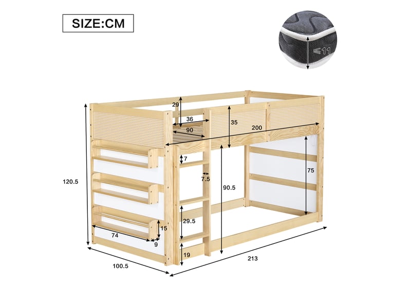  Lit mezzanine enfant,90x200 cm,avec led,bois et mdf,naturel et blanc  - Conforama C
