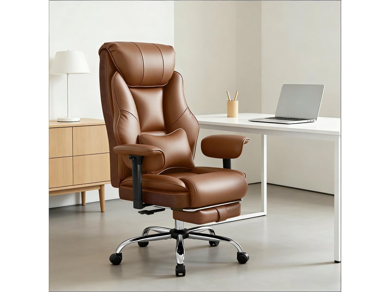  Chaise de bureau réglable avec repose-pieds - lpospi - dossier inclinable, polyuréthane marron, 77 × 71 × 118–125,5 cm  - Conforama C