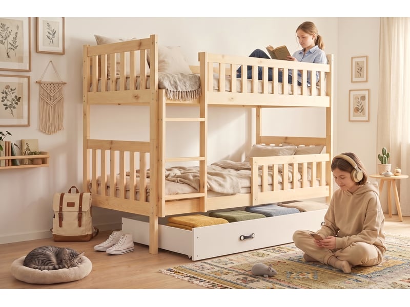  Lit superposé séparable 90x200 cm quba interbeds - bois massif de pin avec barrière, sommier, tiroir - pin naturel blanc  - Conforama D