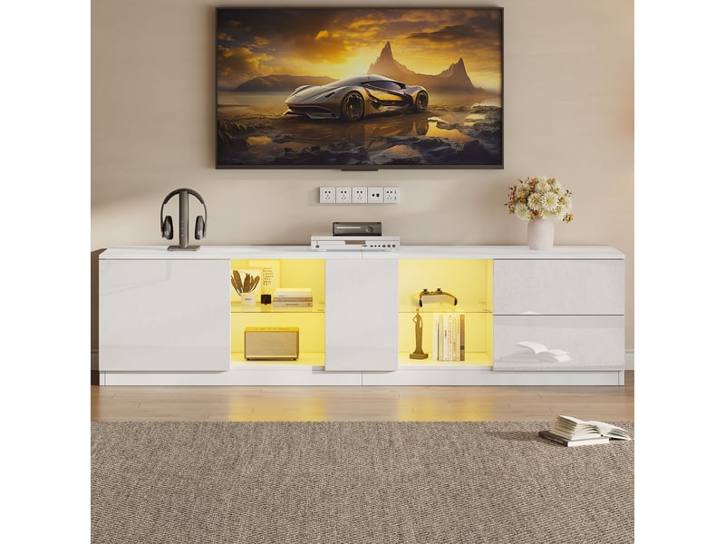 Meuble tv 160 cm blanc laqué avec led, support pour téléviseur 65 pouces, 2 tiroirs et 1 porte  - Conforama W