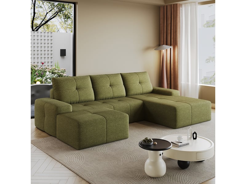 Canapé d’angle 3 places compressé 262x172x82cm, canapé en l, pouf inclus, mousse haute élasticité, tissu - vert olive CozyNest - Conforama B
