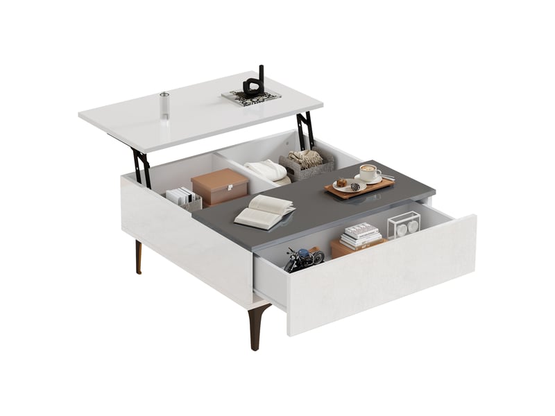  Table basse plateau relevable 70x70 cm blanc brillant avec éclairage led et espace de rangement caché  - Conforama W