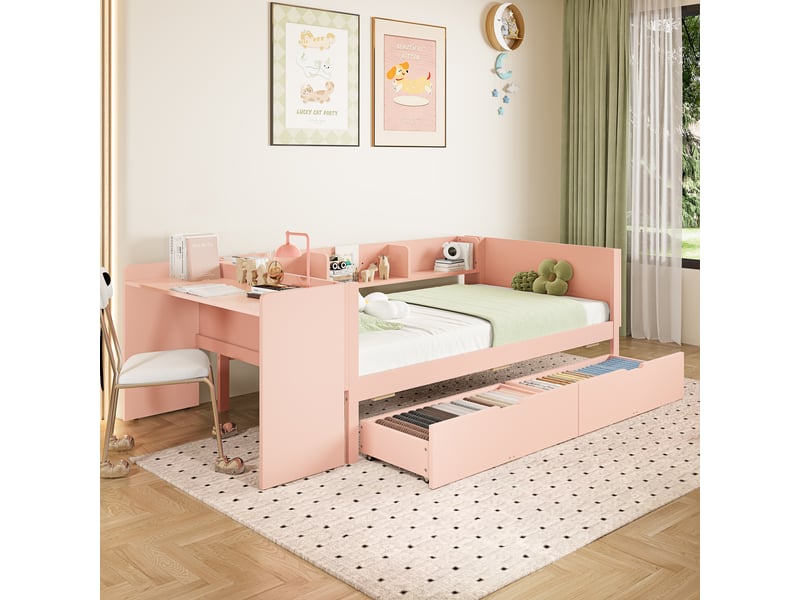  Lit plat en bois 90x200cm, rose, sans matelas, bureau, 2 tiroirs, étagères, pin et panneau de particules  - Conforama D