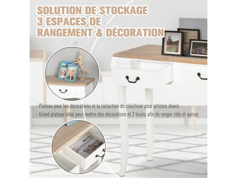  Console d'entrée style mexicain avec 2 tiroirs, dimensions 87l x 34l x 78h cm, en mdf et bois massif de pin, finition blanc clair  - Conforama E