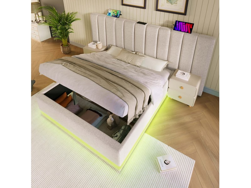 Lit double coffre avec led et ports usb et usb-c, sommier à lattes et matelas inclus en lin beige 180 × 200 cm - Conforama D
