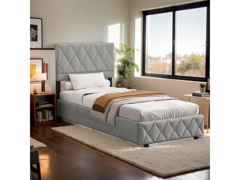  Lit simple 90 x 200 cm en velours, structure mdf et métal avec lattes en bois, sans matelas, gris  - Conforama B