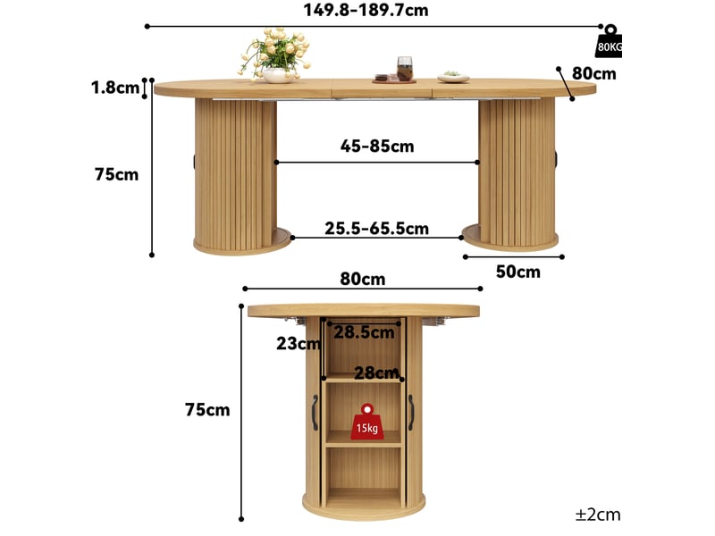  Table à manger extensible 150-190 x 80 cm avec rangement caché, mdf naturel  - Conforama C