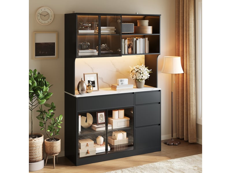  Buffet haut vitrine 120x40x180 cm en mdf, plan marbre, éléments vitrés, led intégrées, tiroirs et niches - noir et blanc  - Conforama B