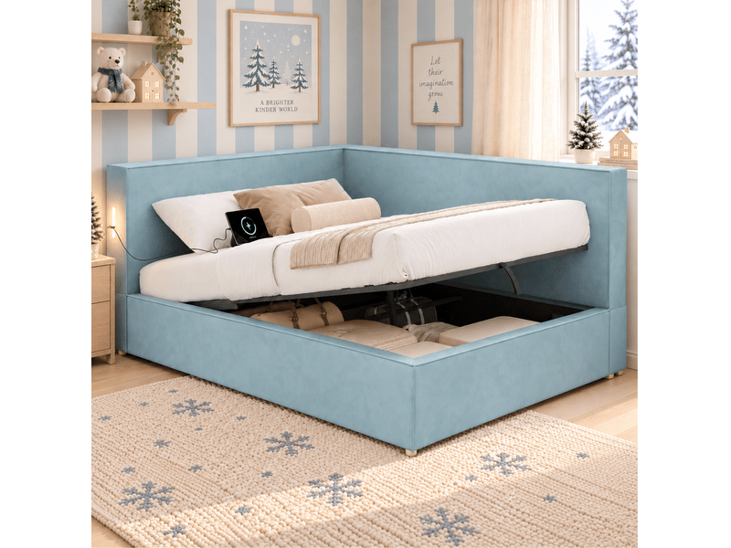  Lit banquette 90x200 cm, coffre hydraulique, sommier inclus, led, usb et usb-c, velours bleu sans matelas  - Conforama B