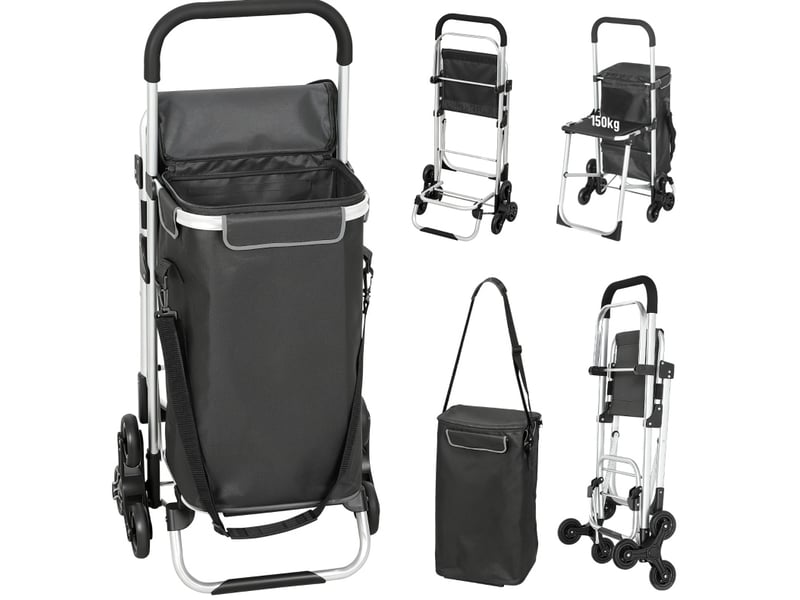  Chariot de courses 59,5 x 46 x 97 cm – gris foncé – 40 l, 3 roues monte-escaliers avec siège pliant  - Conforama A