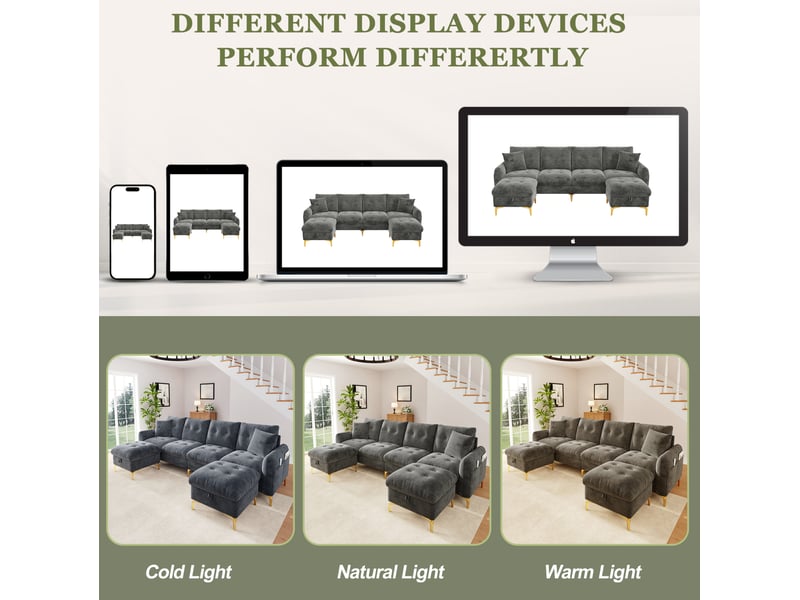 Canapé panoramique en u modulable 4 places avec 2 poufs coffre et poche latérale en chenille gris - Conforama E