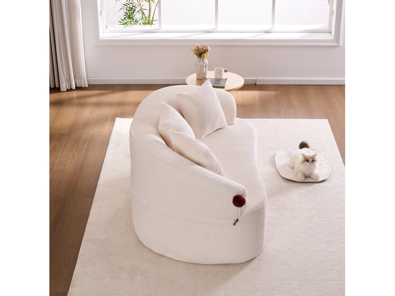 Canapé droit 2 places incurvé avec 3 coussins et pompons décoratifs, sans cadre rigide en velours côtelé blanc - Conforama D