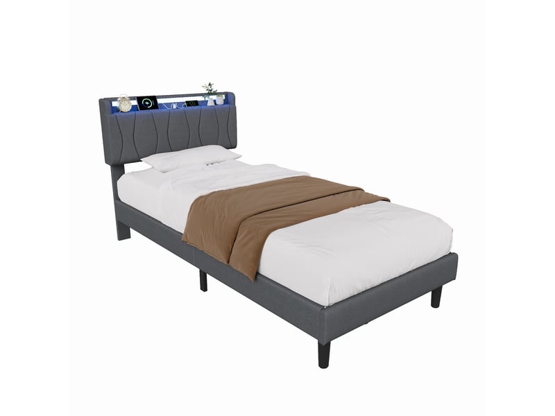  Lit simple capitonné 90x200cm avec cadre de lit à lattes et lumière led, tête de lit,gris  - Conforama A