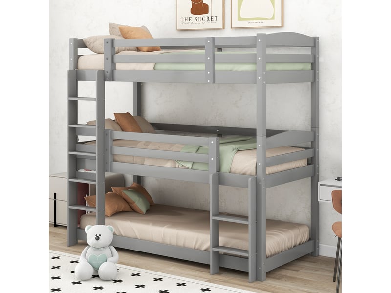  Lit superposé triple, 90x200 cm, configuration superposée, pour enfants, matelas non inclus, bois et mdf, coloris gris  - Conforama E