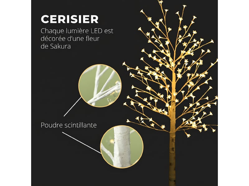  Arbre lumineux led 180 cm 180 leds blanc chaud, arbre artificiel de cerisier en fleurs, intérieur extérieur, ip44, blanc  - Conforama E