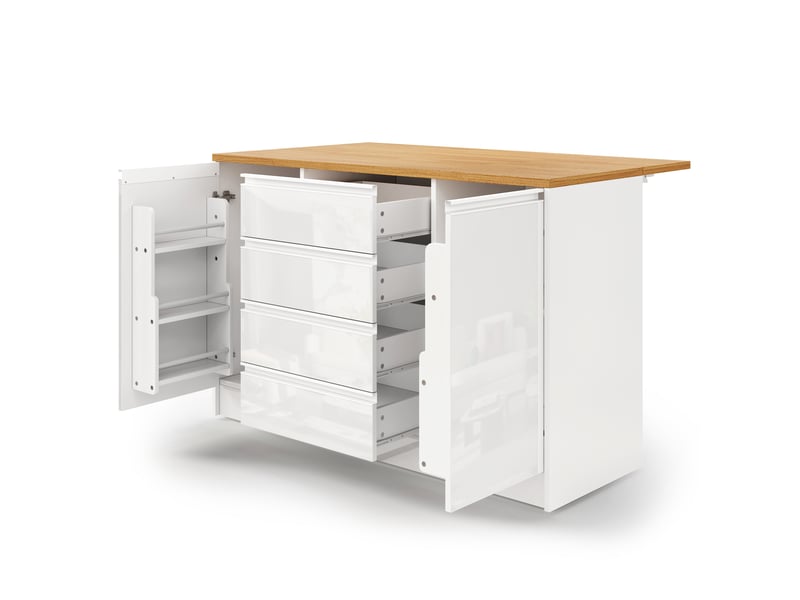 Îlot de cuisine 140 cm avec plan de travail rabattable, plateau aspect bois et façades blanc brillant, meuble de rangement moderne - Conforama W