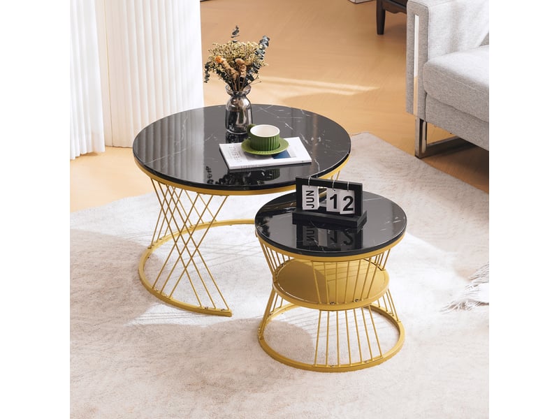  Table basse gigogne ronde, lot de 2 tables d'appoint, effet marbre noir brillant, structure en métal  - Conforama C