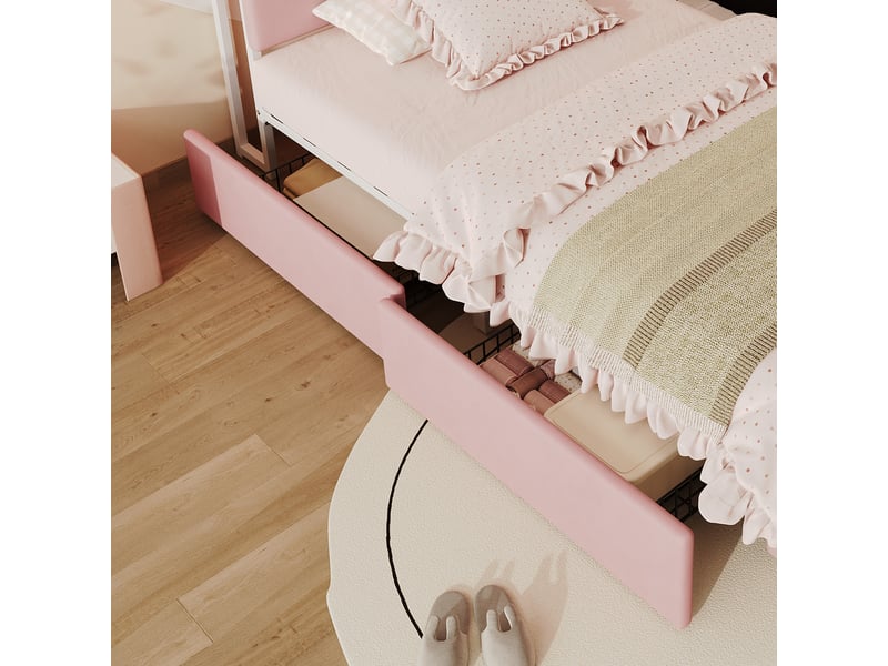  Lit avec rangement 90 × 200 cm, velours, 4 tiroirs, tête de lit avec niches, led par appli, rose, charge 220 kg  - Conforama E