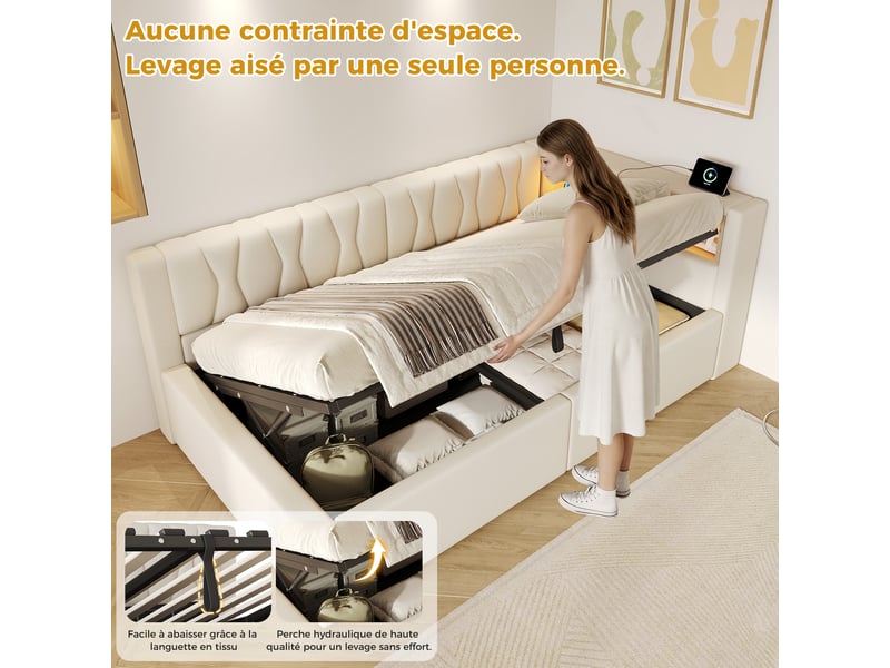  Lit de jour canapé-lit, 90 × 200 cm, beige, lin et mdf, coffre hydraulique, rangements, led, usb, sans matelas  - Conforama E
