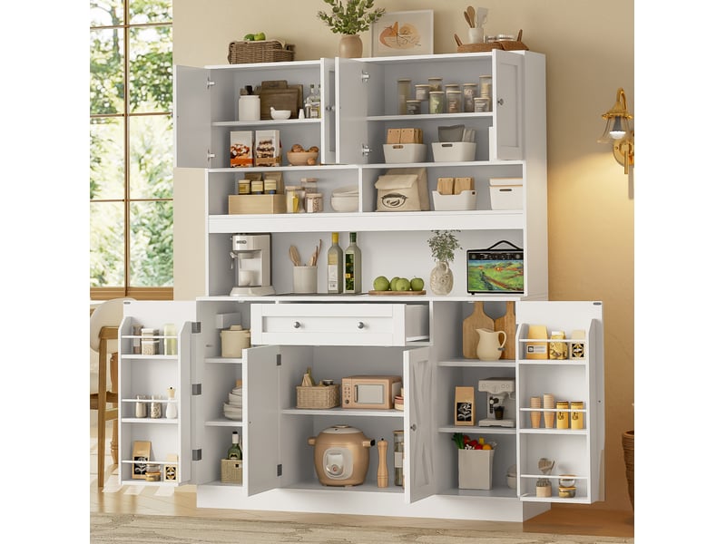  Buffet de cuisine avec 8 portes, plan de travail et prise électrique 140x40x185 cm blanc  - Conforama B