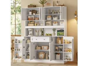 Buffet de cuisine avec 8 portes, plan de travail et prise électrique 140x40x185 cm blanc