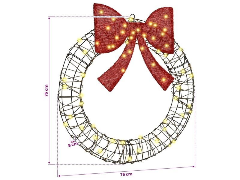 Couronne de noël, décoration de noël blanc chaud 75 x 75 x 8 cm rotin 60 led cf61768 - Conforama E