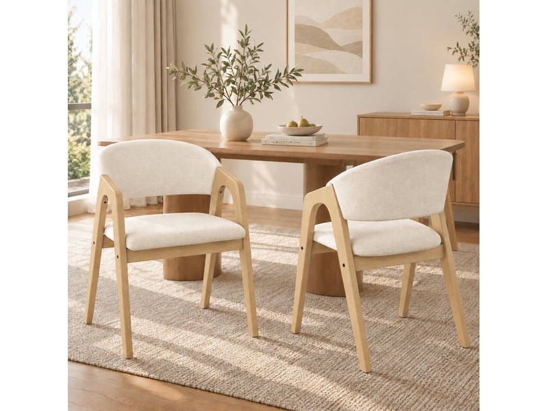  Chaise de salle à manger lot de 4 avec accoudoirs, dossier incurvé et assise rembourrée en lin et bois naturel et beige  - Conforama B