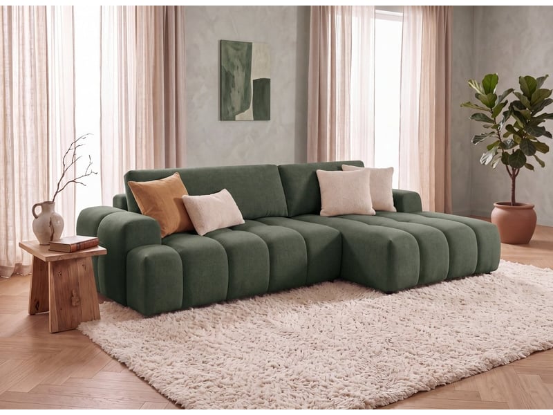 Canapé d'angle convertible avec coffre en tissu texturé vert olive berenice - angle droit 12391-3M-VEROL - Conforama B