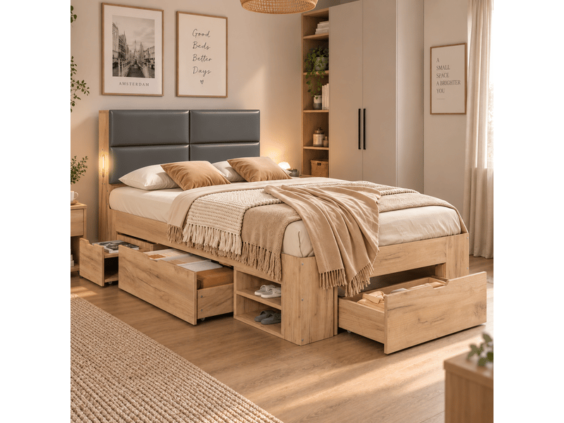  Lit simple enfant 90 x 200 cm avec usb, tiroirs et grand rangement, tête de lit rembourrée en pu, sans matelas, mdf, naturel OMNIGLINT TRADING LTD - Conforama B