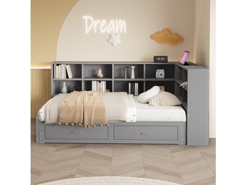 Lit banquette 90x190 cm extensible 180x190 cm – gris – rangements, prises et 2 tiroirs – sans matelas - Conforama B