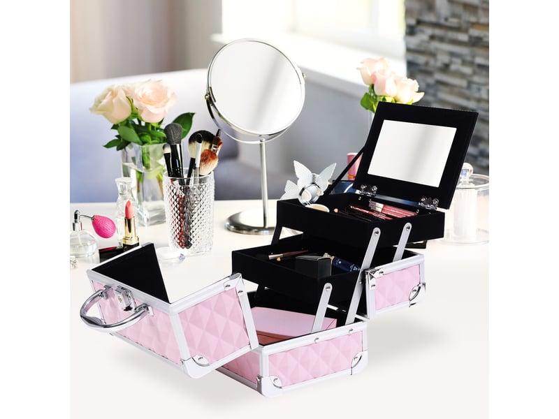  Mallette à maquillage rangement à 3 niveaux avec miroir verrouillage avec 2 clés dim. 20l x 15l x 15h cm rose  - Conforama D