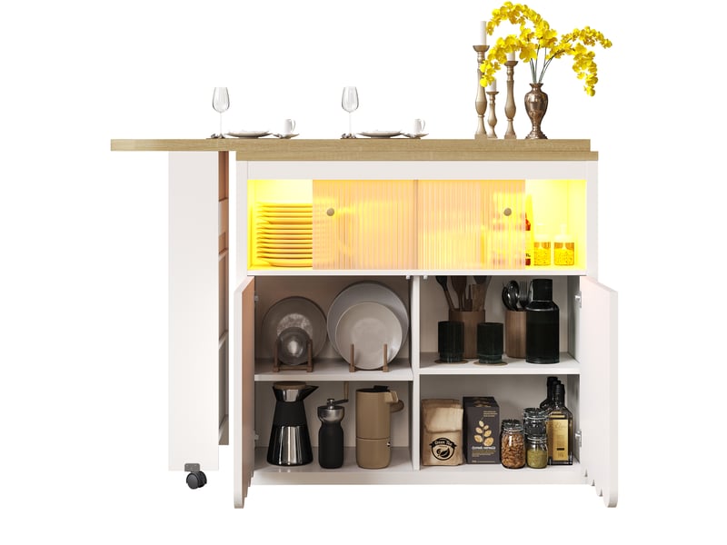 Table de bar extensible 135-205x39x100 cm, mobile sur roulettes avec frein, led et rangements, mdf et verre, blanc - Conforama R