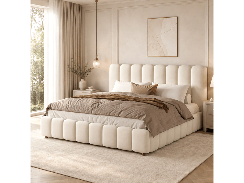 Lit coffre rembourré 160x200 cm, rangement hydraulique, tête de lit rembourrée, sommier à lattes, velours beige OMNIGLINT TRADING LTD - Conforama B