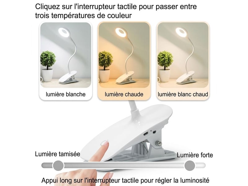 Lampe à pince led 5w rechargeable usb – lampe de bureau et de lecture flexible 360° tactile, 3 températures de couleur et intensité variable – blanc - Conforama C