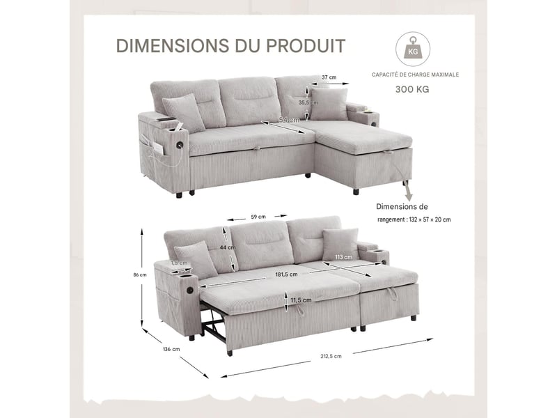  Canapé d'angle convertible 3 places en velours côtelé gris clair W2845S00263 - Conforama C