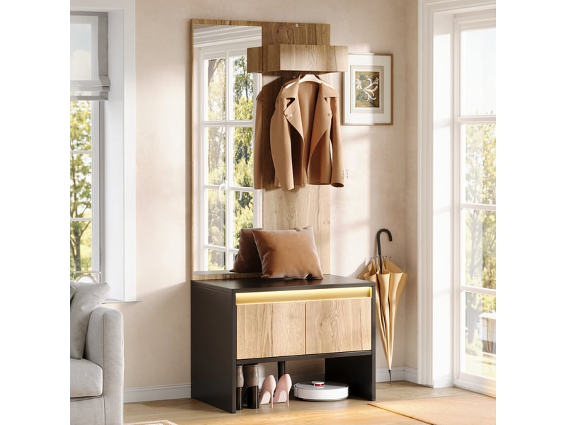  Meuble d'entrée avec miroir, porte-manteaux, banc à chaussures et 2 tiroirs en panneau de particules noir et naturel  - Conforama B